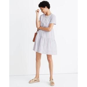Madewell Tiered Mini Dress Sz S Blue Purple Multi Stripe White Cotton Great!